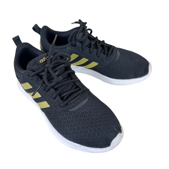 Adidas Black Gold 3 Stripe QT Racer 2.0 Light Lace Up Tennis Shoes Athletic 8.5 - Picture 1 of 7
